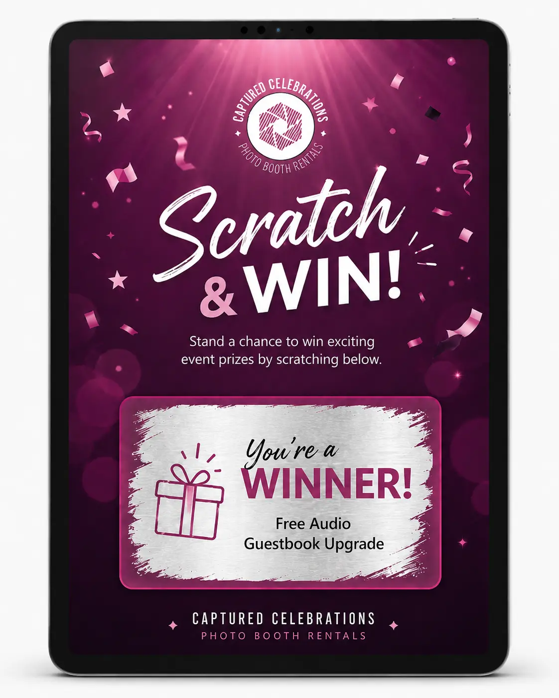 Captured Celebrations Scratch and Win prize screen for a Los Angeles photo booth lead capture activation