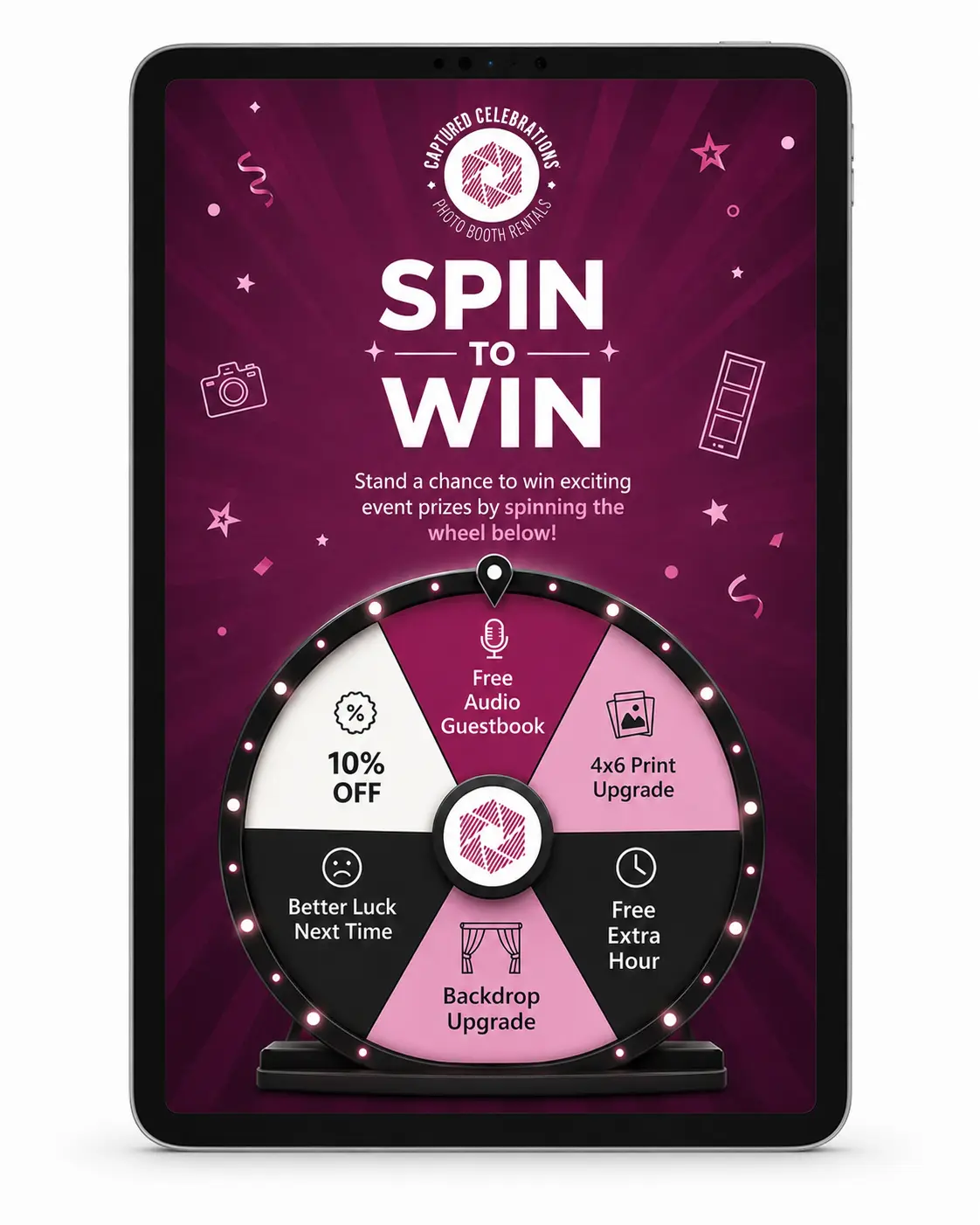 Captured Celebrations Spin to Win prize wheel screen for a Los Angeles photo booth lead capture activation