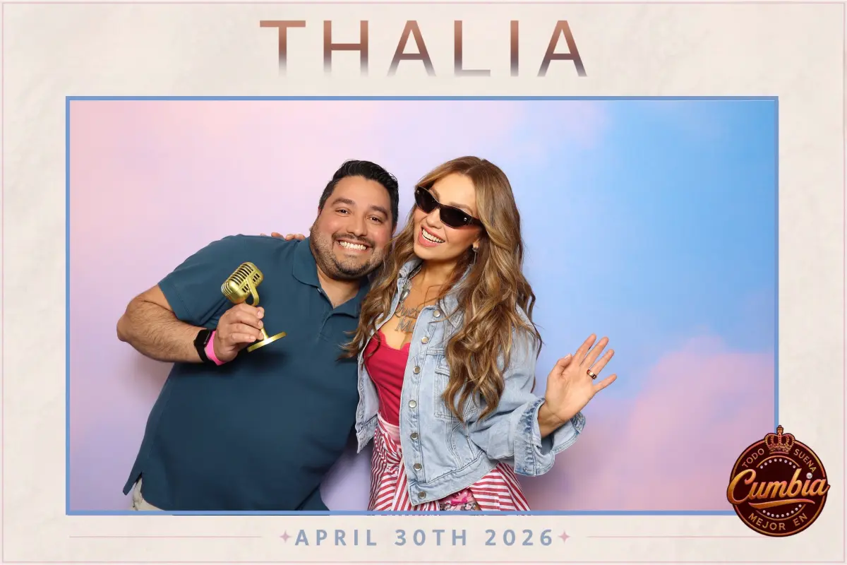 Thalia meets a fan at the Captured Celebrations photo booth at Barnes & Noble The Grove Los Angeles — Sony Music celebrity event April 2026