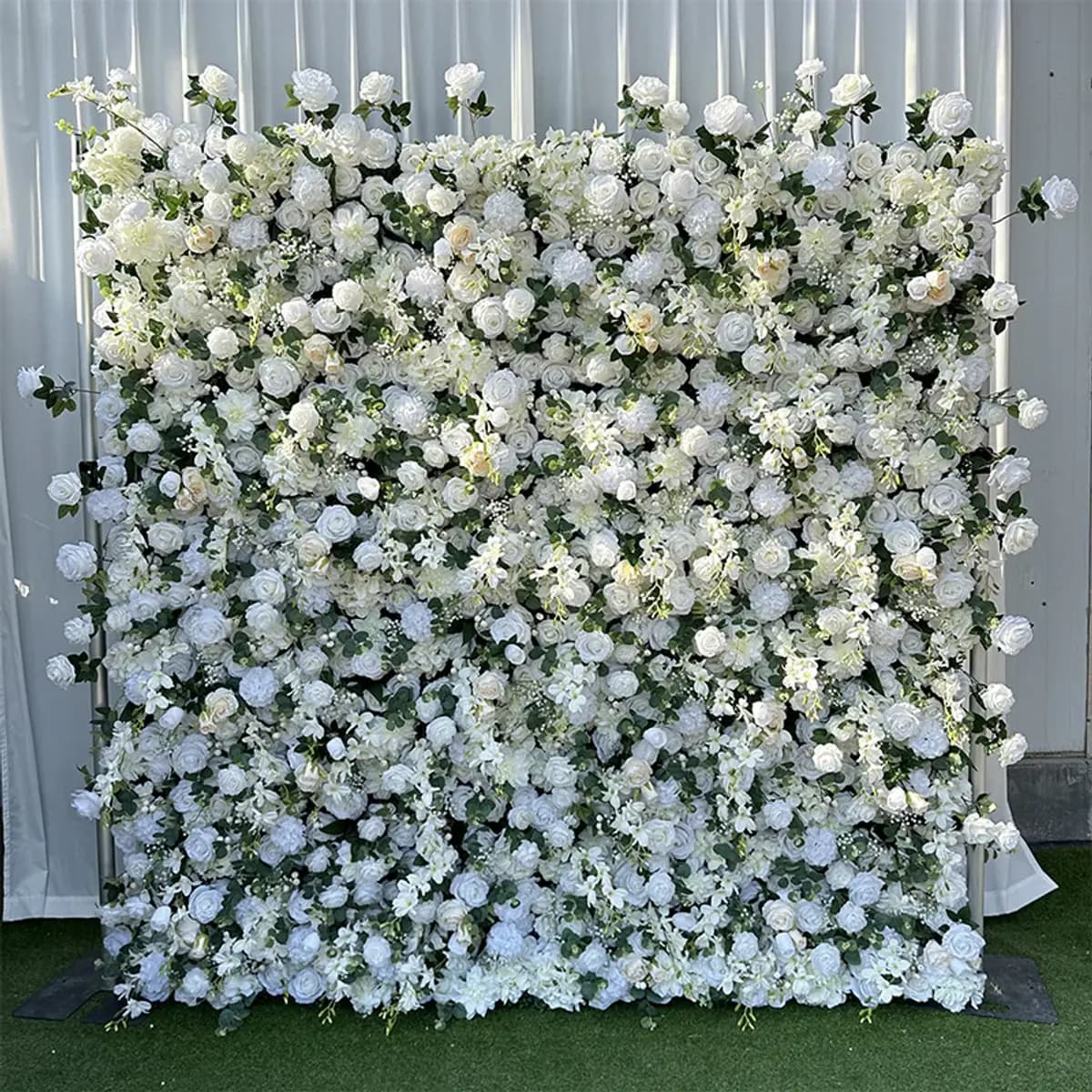 Flower wall backdrop for quinceañera photo booth rental in Los Angeles — elegant floral display, Captured Celebrations